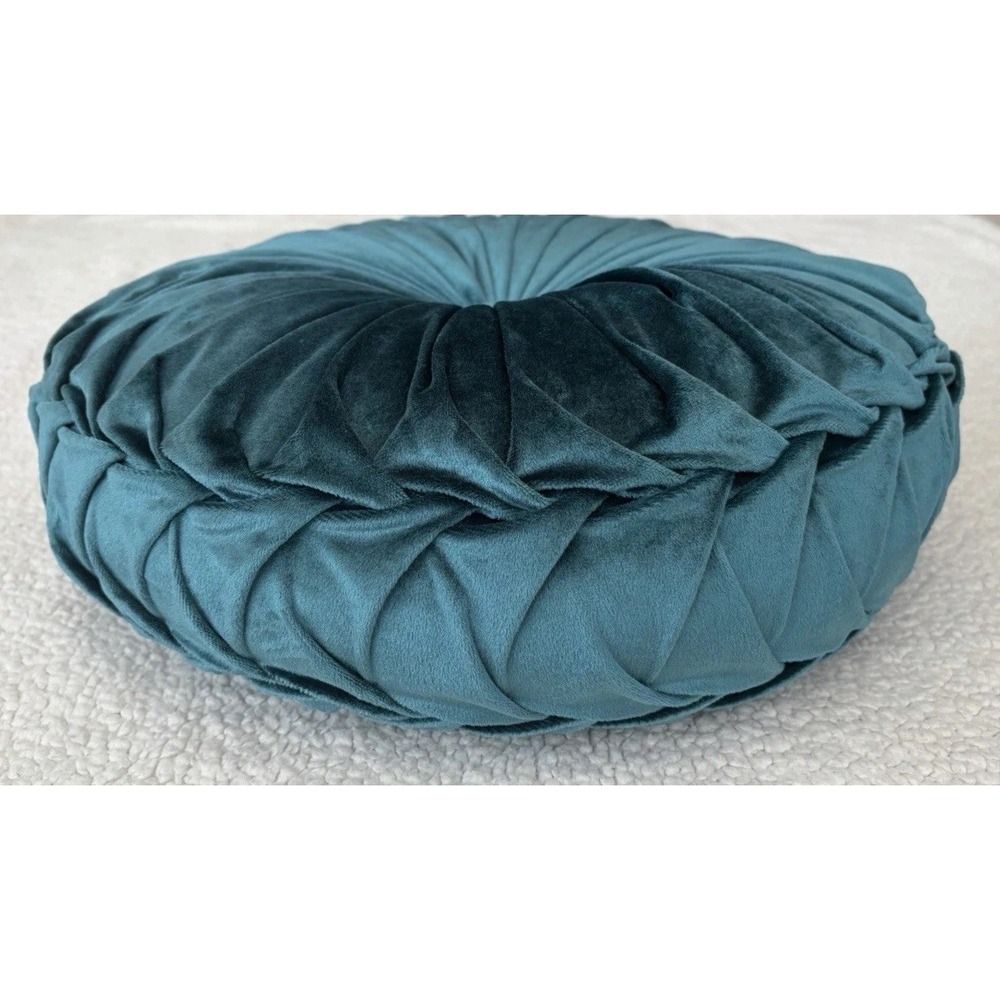 Round Velvet Throw Pillow Pumpkin Teal Blue Green Tufted Pleated Cushion Decor - Picture 7 of 16
